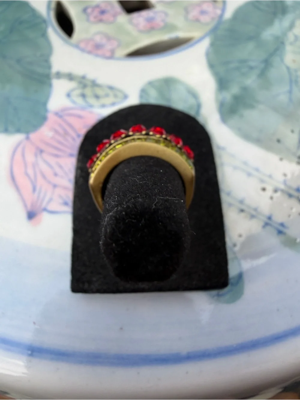 Heidi Daus Red and Olive Green Crystal Statement Ring *Size 9.75 & 7 available